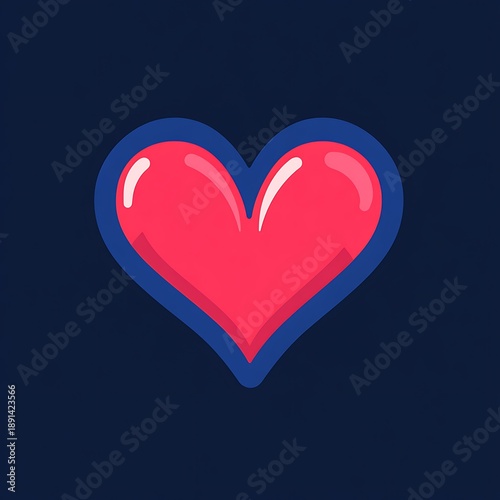 Simple, stylized heart graphic.  Red heart shape, outlined in navy blue,  glossy, cartoonish,  on dark background