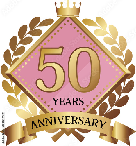 高級感のあるメルヘンな50周年記念エンブレム　ピンク＆ゴールド