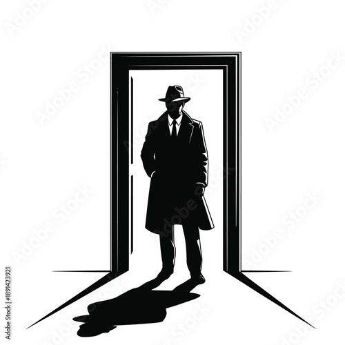 Silhouette of a man in a suit standing in a doorway