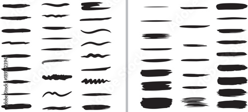 A comprehensive collection of hand-drawn vector brush strokes and ink lines in black. Featuring various textures, from thin sketches to thick painterly smears, perfect for artistic detailing.