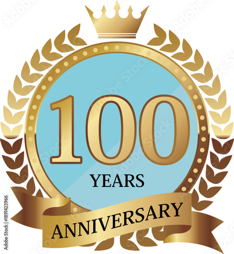 高級感のあるメルヘンな100周年記念エンブレム　ブルー＆ゴールド