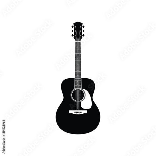 A black silhouette of an acoustic guitar on a white background