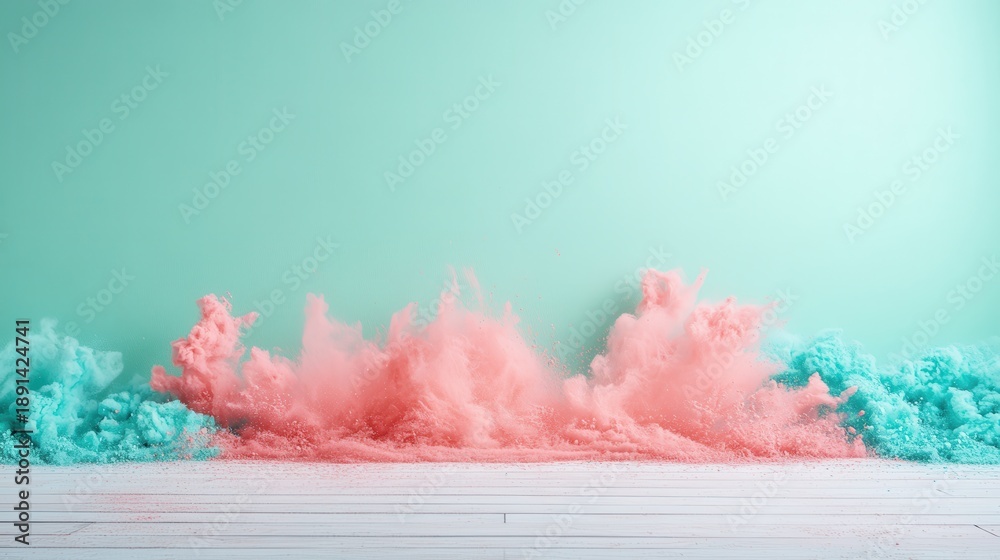 Fototapeta premium An artistic explosion of colorful powder in pink and teal creates a dynamic visual effect, symbolizing creativity, joy, and expressive artistic expression against a subtle mint backdrop.