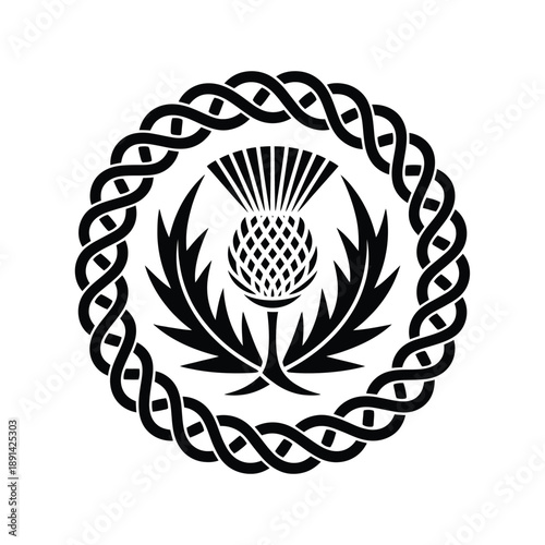 A circular black and white design featuring a scottish thistle emblem