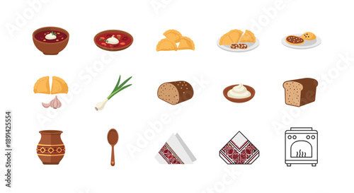 Traditional ukrainian cuisine icons with borscht, varenyky, and cultural patterns