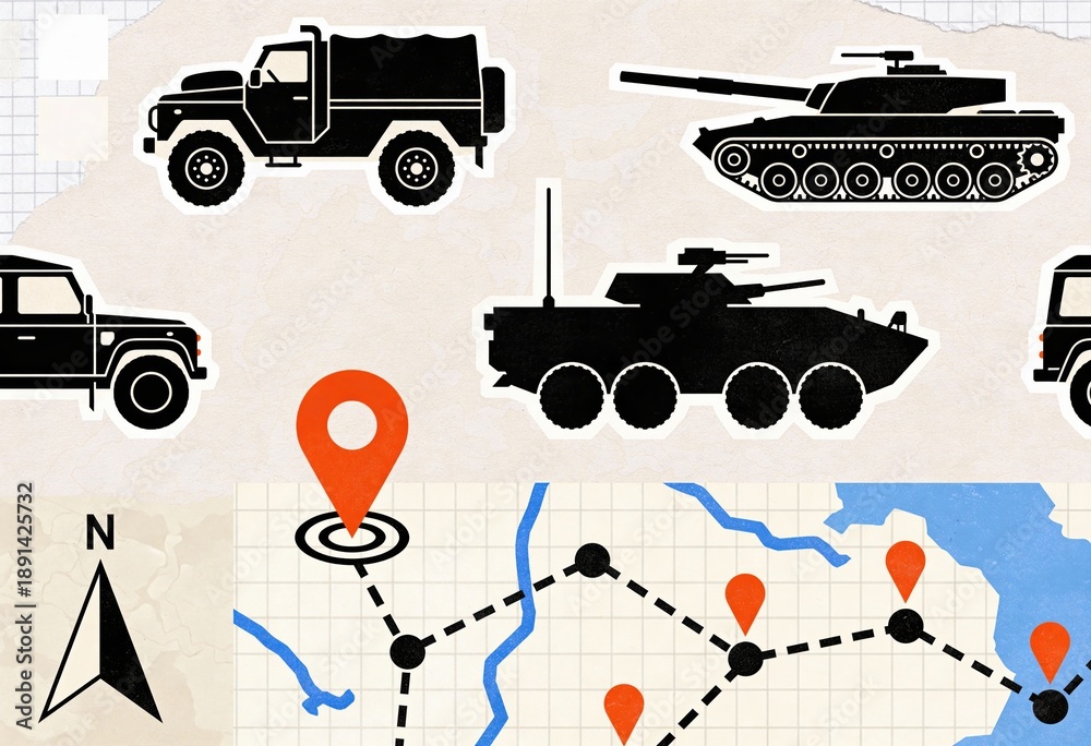 Fototapeta premium Military vehicle silhouettes outlined on a map background showcasing directional guidance and strategic deployment of military assets emphasizing tactical navigational planning