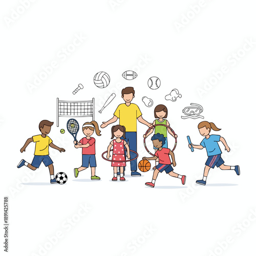 Happy Children Playing Various Sports with Adult Coach