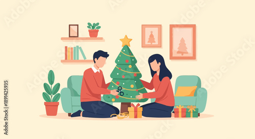 Couple decorating Christmas tree with presents, home interior