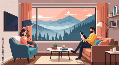 Couple and cat relax indoors, overlooking a scenic mountain landscape