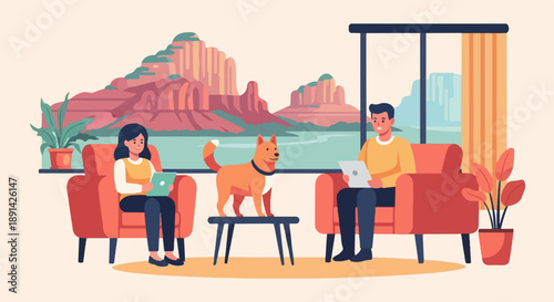Couple and dog enjoying cozy indoor time with a scenic canyon view