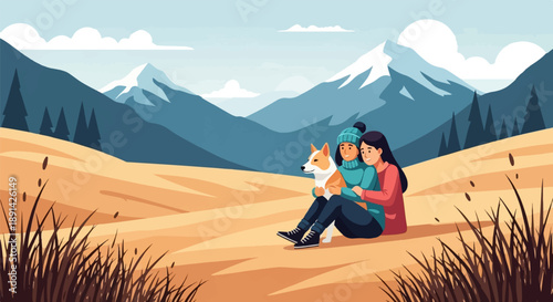 Couple and dog enjoying a mountain view in a golden landscape