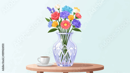 Colorful blooming flowers in a clear vase with a cup of coffee on a table