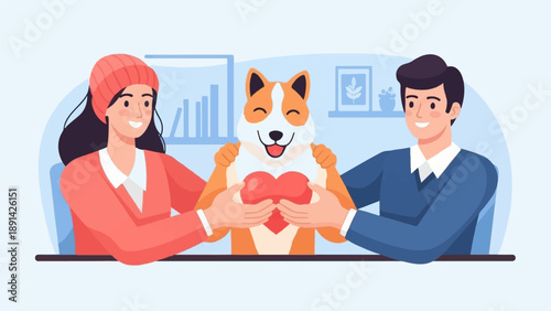 Couple and dog holding heart, representing love and family