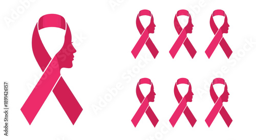 Collection of Pink Ribbons with Female Silhouette Profiles for Breast Cancer Awareness Support