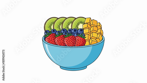 Colorful bowl brimming with fresh strawberries, blueberries, kiwi slices, and diced mango