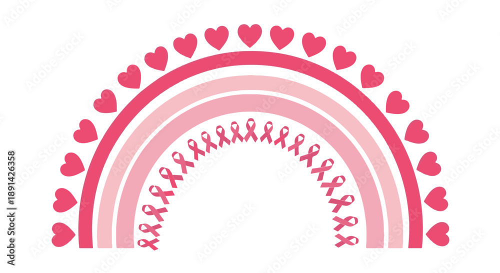 Naklejka premium Stylized Pink Breast Cancer Awareness Rainbow Vector Illustration Featuring Decorative Hearts and Numerous Support Ribbons