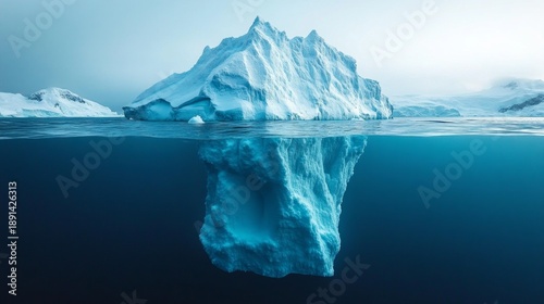 A massive iceberg above the water and its reflection below the surface illustrate the consequences of global warming, serving as a powerful visual backdrop  