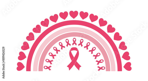Decorative Pink Ribbon Rainbow with Hearts and Multiple Smaller Ribbons for Breast Cancer Awareness
