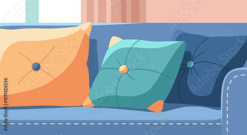 Colorful cushions on a comfortable blue sofa in a cozy room