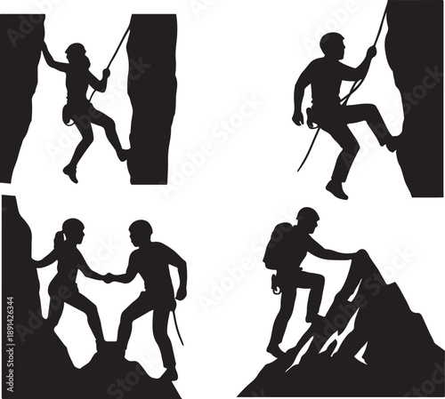 Adventurous male and female rock climbers scaling cliffs and mountains representing extreme sports outdoor silhouette vector on a white background