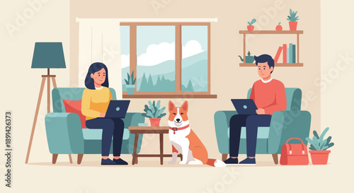 Couple and dog relax indoors, each using a laptop near a window