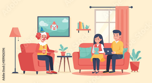 Clown with a cup entertains a couple on a sofa using laptop