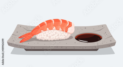 Close-up of a single shrimp nigiri sushi on a stone plate with soy sauce