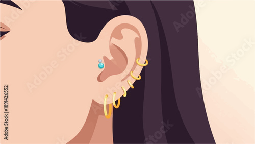 Close-up illustration of a woman's ear adorned with multiple golden hoop earrings and a turquoise stud