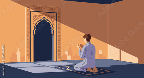 A man praying in a mosque, vector illustration of Muslim worship during sunset