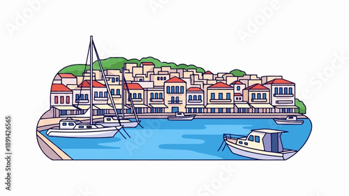 Coastal town with boats docked in a clear blue harbor