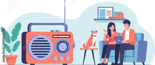 Couple and dog relax with a radio, laptop, and plants