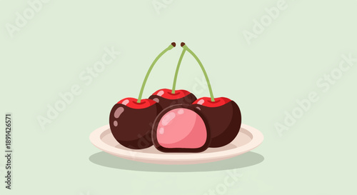 Close up of chocolate-dipped cherries on a plate, one cut open