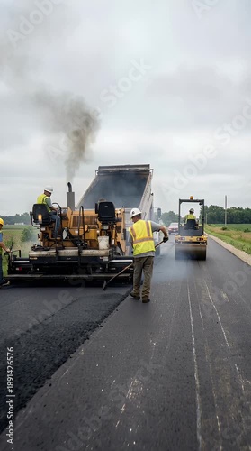 Road construction workers paving asphalt highway surface
