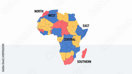 Colorful map of Africa divided into regions with labels North, West, Central, East, Southern