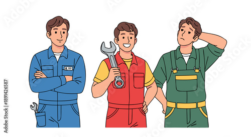 Vector illustration of three male repairmen or mechanics in uniform with tools, representing teamwork and service