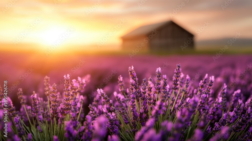 Fototapeta premium A breathtaking view of a vibrant lavender field bathed in golden sunlight during sunset, creating a serene and dreamy atmosphere that invites tranquility and appreciation of nature's beauty.