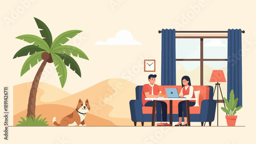 Couple and dog work remotely on laptop from a desert home with palm tree