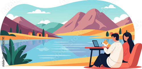 Couple and dog working remotely near a calm lake with mountains
