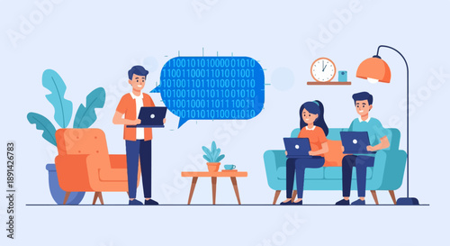 Colleagues collaborating on a project with binary code in a speech bubble