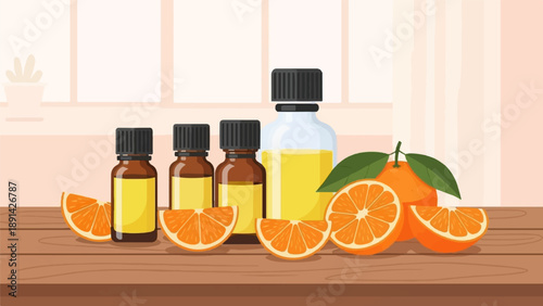 Citrus essential oils in amber bottles with fresh orange slices and whole fruit
