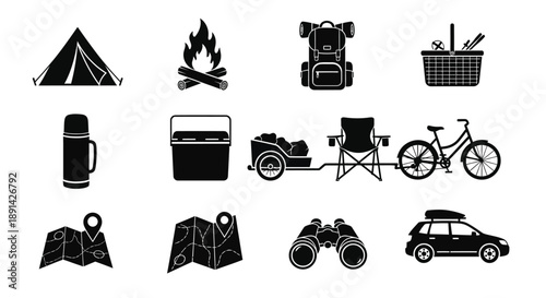 Camping essentials icons collection for outdoor adventure