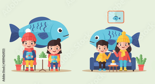Children in winter attire enjoy leisure time with giant fish decorations