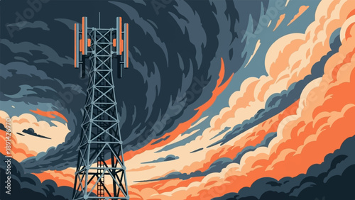 Cell tower against a dramatic, pixelated sky with fiery clouds