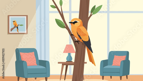 Bright orange bird perches on a tree in a cozy living room with blue chairs