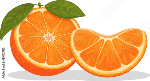 Bright orange citrus halves with green leaves and a segment