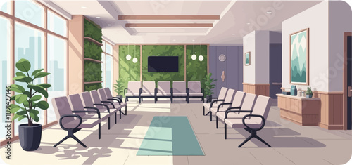 Bright waiting room with plants, chairs, and a TV