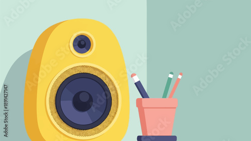 Bright yellow speaker next to a pink holder with pencils on a pale blue background