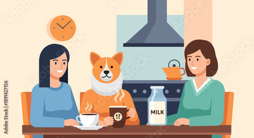 Casual kitchen gathering with two women and a corgi enjoying drinks