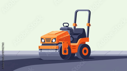 Bright orange road roller on gray asphalt with a sidewalk