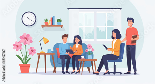 Casual meeting in a brightly lit room with plants and flowers